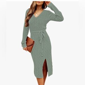 V Neck Cable Knit Sweater Midi Dress with Belt - Sage - Medium